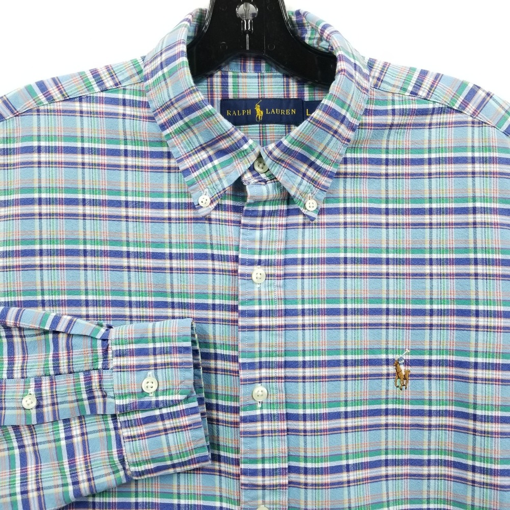 Ralph Lauren Men Shirt L Blue Madras Plaid Oxford‎ Button Down Pony Long Sleeve